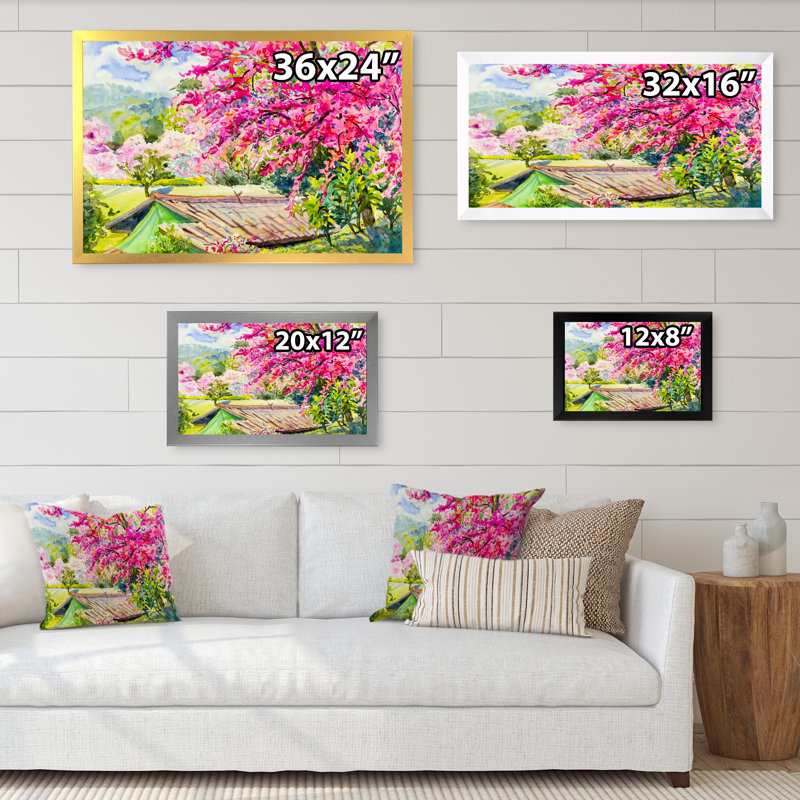 Arbre rose coloré en fleurs - reproduction sur toile flottante, Cadre noir, H 8 po x l 12 po x P 1 po