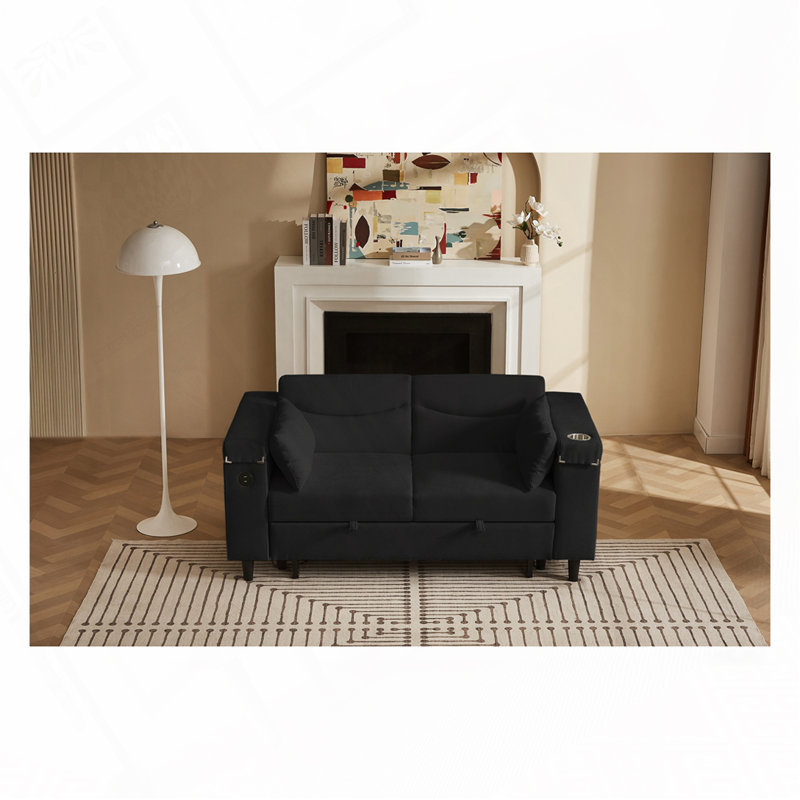 Canapé-lit chenille en tissu avec rangement, port USB, Noir, noir, noir, noir
