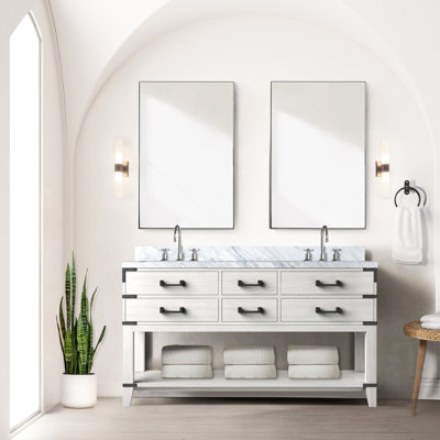 White Oak Double Bath Vanity 60x22, Marble Top, 28" Mirrors Included - Soft Close, 4 Drawers & Open Cabinet For Rich Storage 60" W X 22" D In With Top Sufficient Space