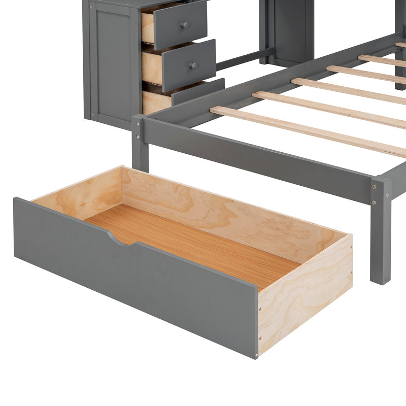 Lit superposé avec bureau, tiroirs et tablettes, Gris