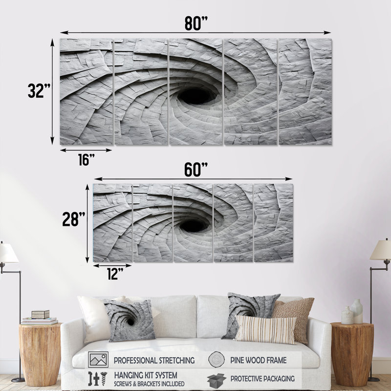 «Grey Spiraling Fractal Sprial III - Abstract Spirals», art mural 5 pièces, H 28 po x l 60 po