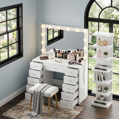 Hollywood Vanity Desk With 12 Lighted Bulbs, 11 Drawers And 7-Tier Storage Shelves