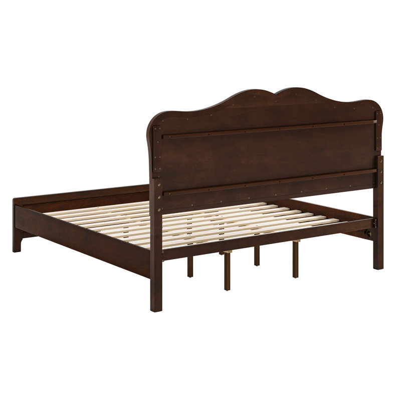 Annalia Mid-Century Modern Solid Wood Bed With Camel Headboard, King, Dark Walnut