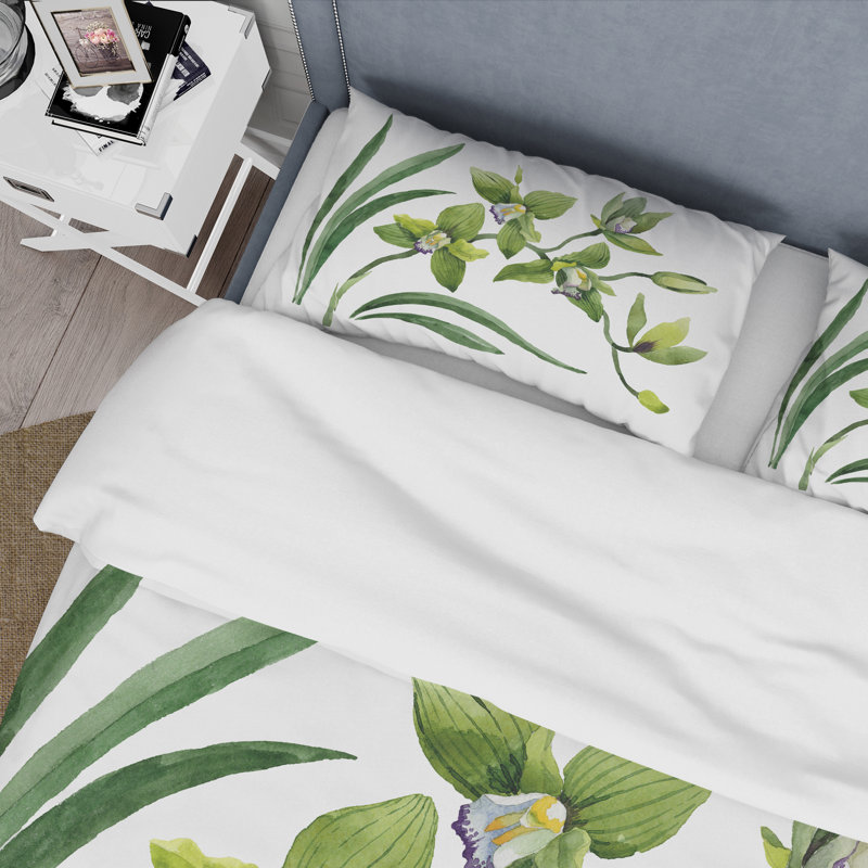 Fleurs d'orchidées vertes - ensemble de housse de couette traditionnel - microfibre de polyester