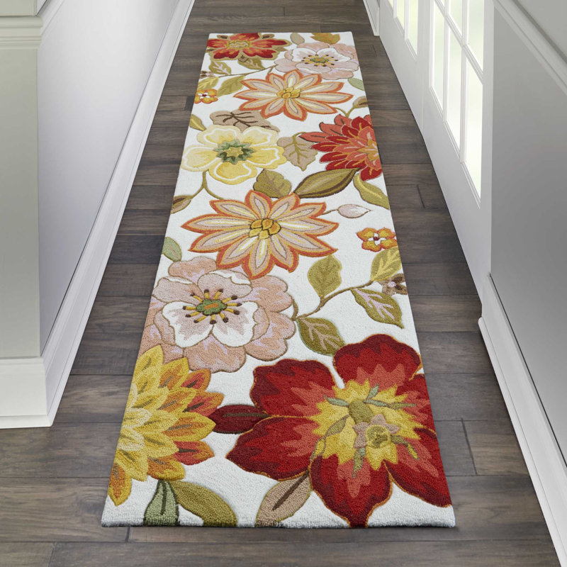 Tapis vert / rouge / rose / ivoire crocheté à la main Asiha, Tapis de couloir 2 pi 3 po x 8 pi