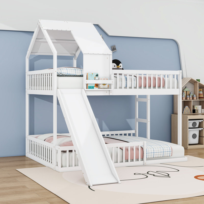Lit superposé double en bois sur grand avec glissade, toit, Blanc
