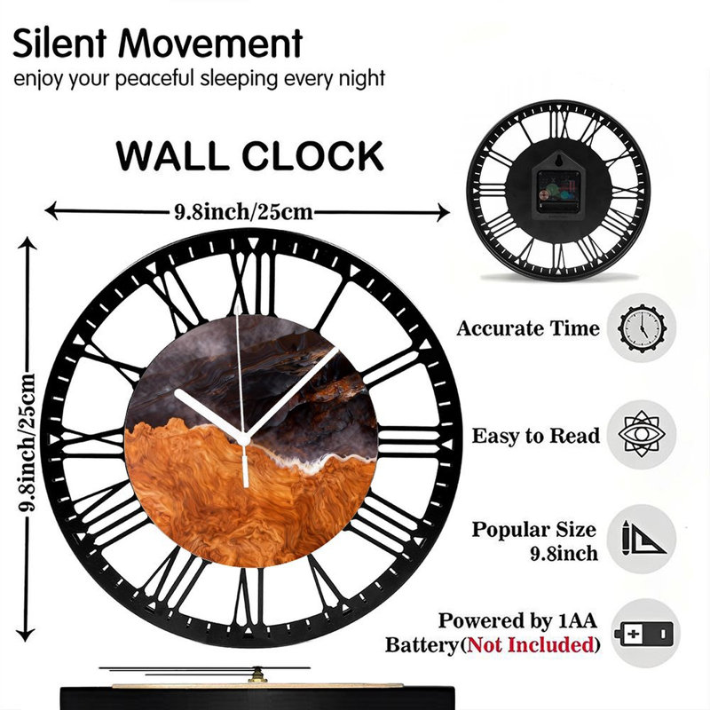 Horloge murale ronde en fer 10 po avec mouvement à quartz silencieux, chiffres romains, impression UV, Amber
