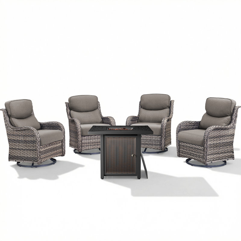 Ensemble de conversation d'extérieur pivotant en osier 4 personnes avec table carrée en métal Simino, Gris, Gris