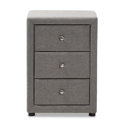  Tessa Modern Grey Fabric Upholstered 3 Drawer Nightstand with Chrome Knobs