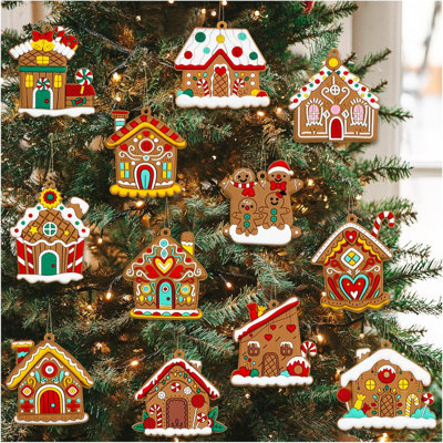 Ornements de maison en pain d'épice - 12 pièces décorations de Noël en pain d'épice ornements suspendus pour arbre de Noël des Fêtes