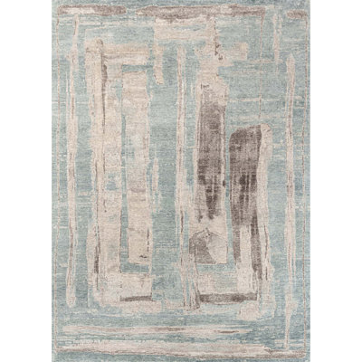 Hand Knotted Abstract Area Rug in Blue/Charcoal/Beige
