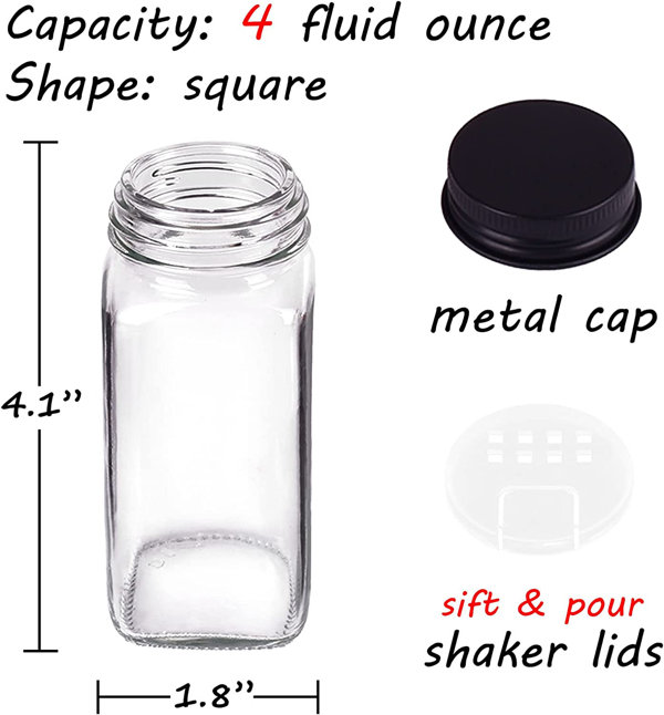 CycleMore 48 Pack 4oz Glass Spice Jars Bottles, Square Spice Containers  with Silver Metal Caps and Pour/Sift Shaker Lid-80pcs Black Labels,1pcs