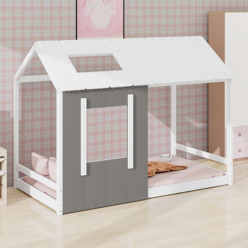 Lit plateforme House avec toit et fenêtre, Blanc / gris antique