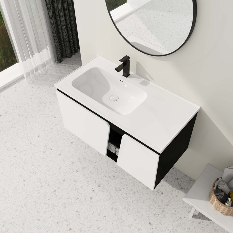 Meuble-lavabo flottant mural avec lavabo simple et porte d'armoire à fermeture en douceur