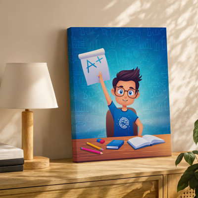 Toile «Un jeune étudiant avec de courts cheveux noirs et des lunettes», art mural à un bureau en bois tenant triomphalement un papier marqué pour toile