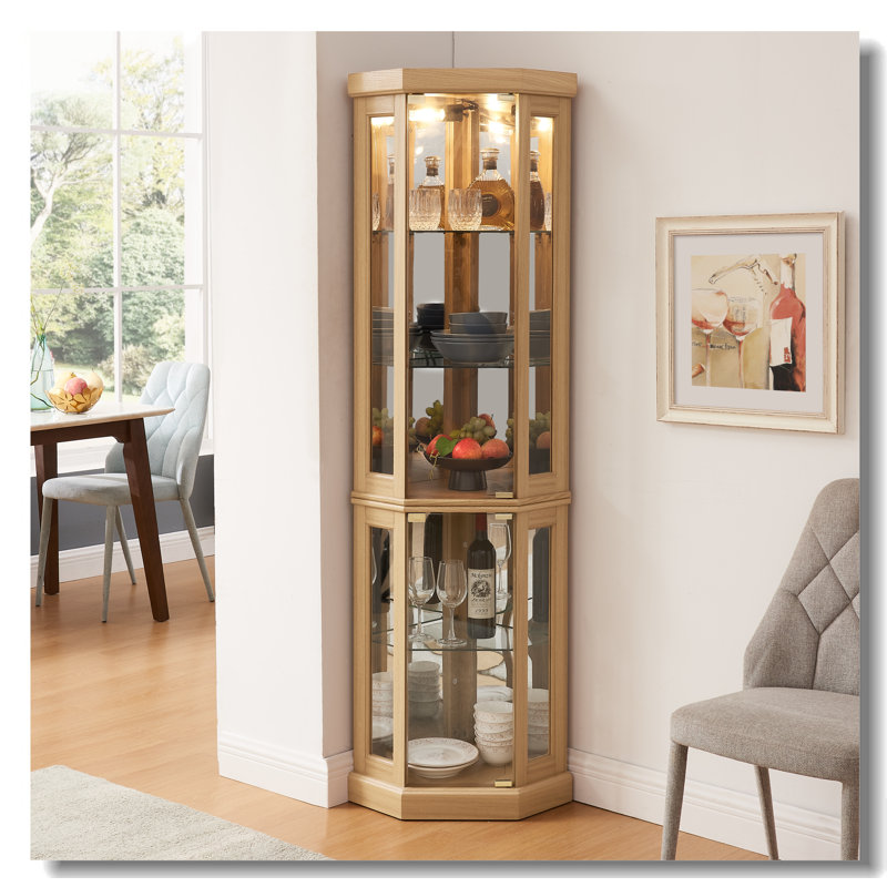 Light Oak Corner Glass Lighted Curio Cabinet
