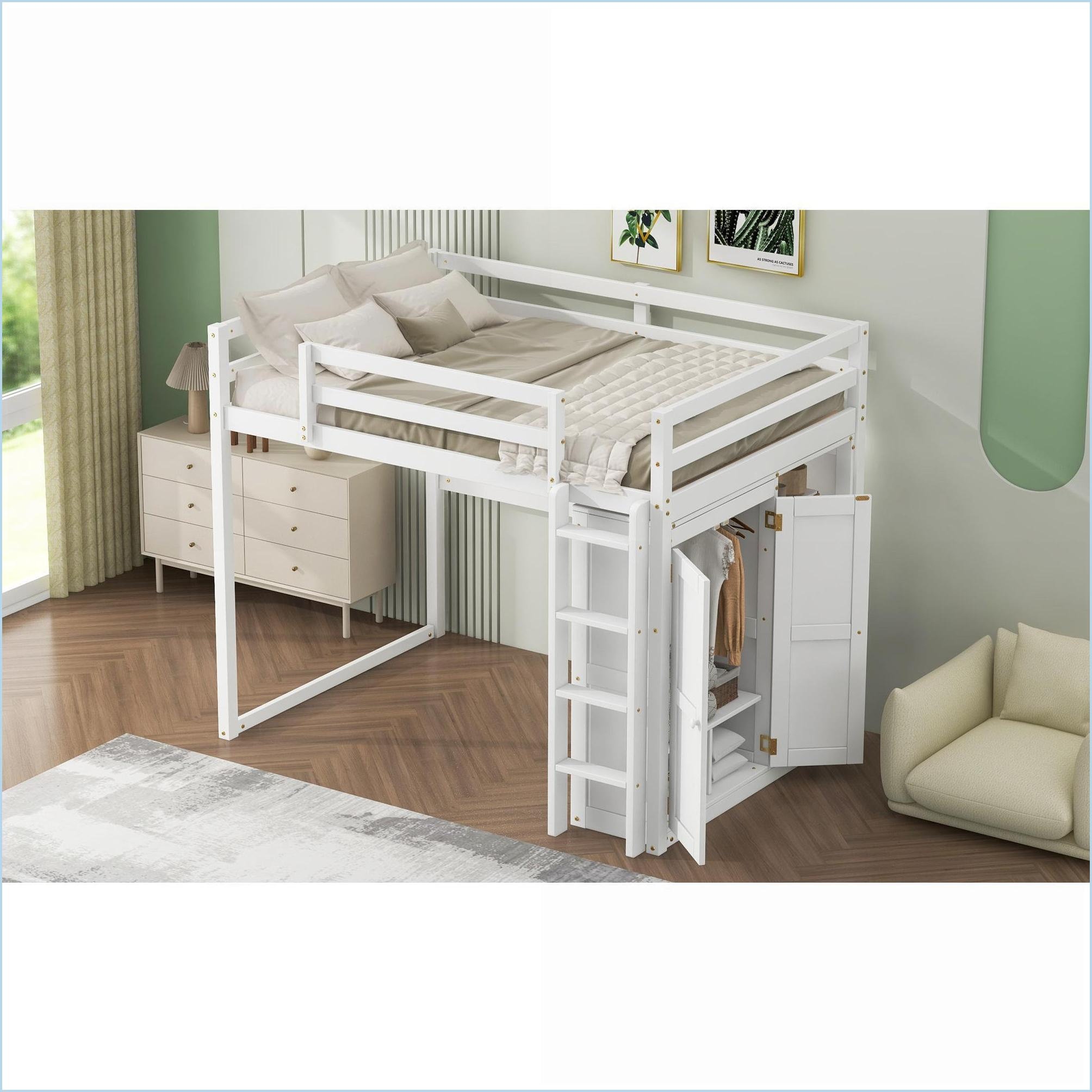 Latitude Run® Full Size Pine Wood Loft Bed with Built-in Wardrobe ...