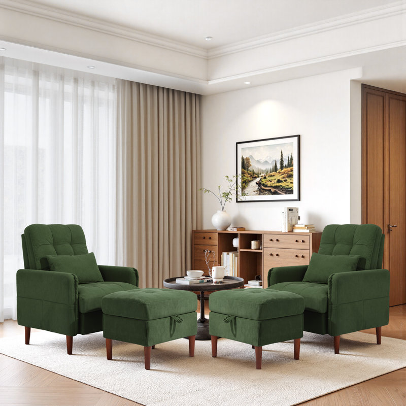 Upholstered Armchair with Footstool, Green