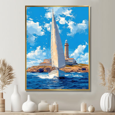 Voilier partant du phare du port, ciel bleu - bateau, art mural