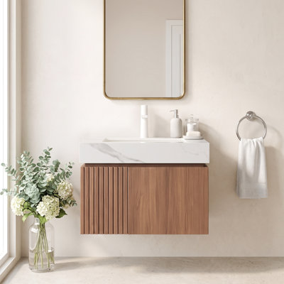 Meuble-lavabo mural 24 po en contreplaqué brun avec fermeture en douceur, 2 portes, lavabo en céramique de Carrare blanc, sans robinet, un trou, pré-assemblé