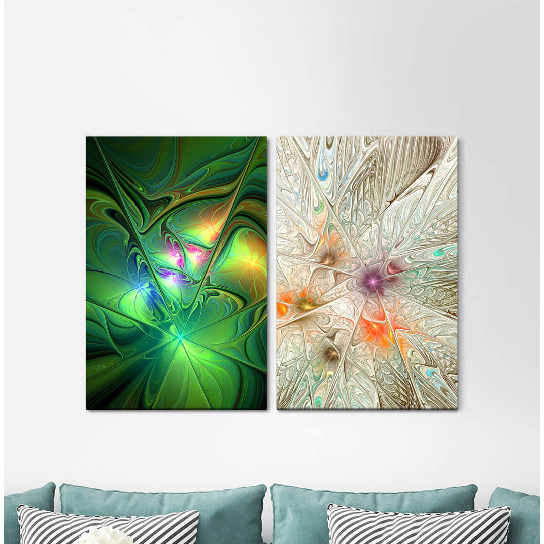 2-tlg. Leinwandbilder-Set - Grafikdruck „Fractal Energy Spiritual Vibration Green Flowing”