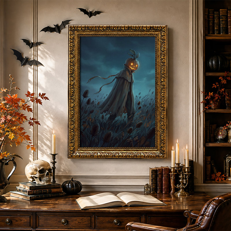 Épouvantail à tête de citrouille lumineuse et cape en lambeaux - Toile murale d'Halloween, H 30 po x l 20 po
