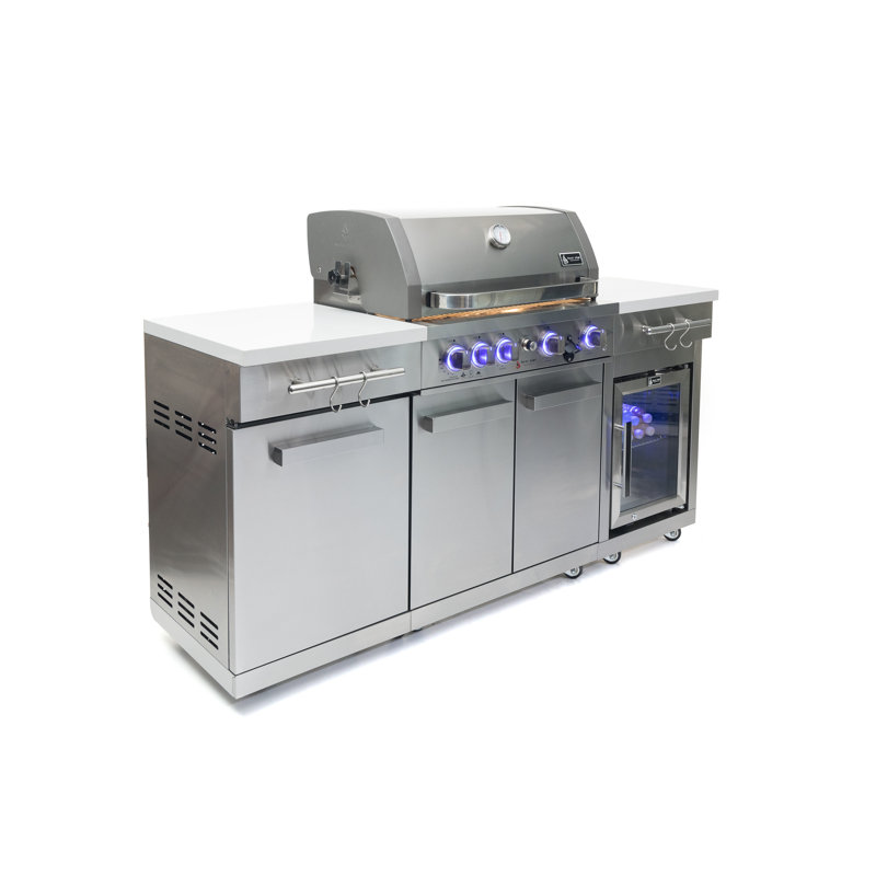 Îlot de cuisine d'extérieur compact en acier inoxydable de 70 po x 24 po x 46 po Mont Alpi avec réfrigérateur et barbecue 4 brûleurs de 32 po avec brûleur arrière + comptoirs en granite + armoires de rangement + rôtissoire + couvercle + convertible au gaz naturel + à vie Garantie