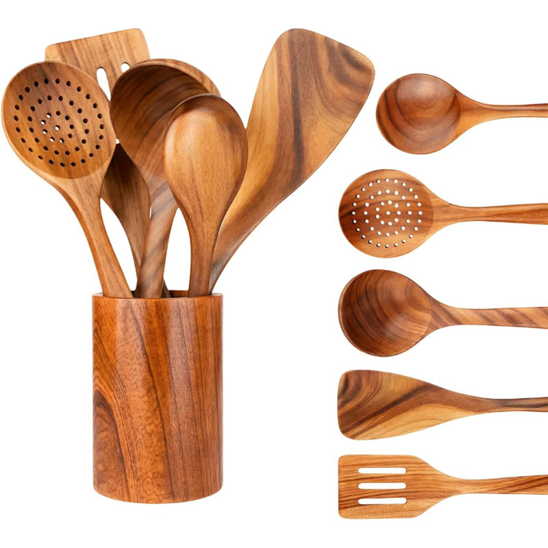 Ensemble d'ustensiles de cuisine en bois de teck naturel 6 pièces avec support en bois pour batterie de cuisine antiadhésive, spatules de cuisine, cuillères et outils de mélange