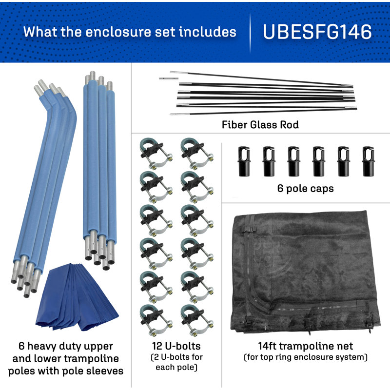 Plexalife Trampoline Top Ring Enclosure Set including Trampoline Net, 6 Curved Tramppoline Poles, Caps & Foam Sleeves - Fits 11ft Round Trampoline
