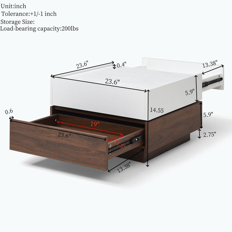 Rotating Square Coffee Table with 2 Drawers, High wood 2-Tier Center Table with Storage