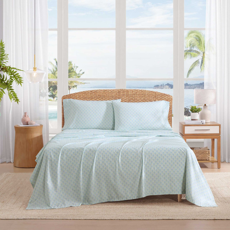 Ensemble de draps en coton percale Tommy Bahama, Ensemble de draps pour très grand lit avec 2 taie,  Blue Coastal Bay