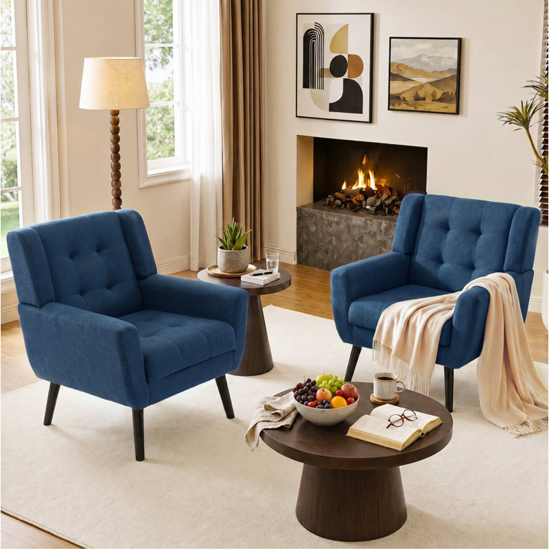 Ensemble de 2 fauteuils capitonnés rembourrés à dossier large, Lin bleu marine