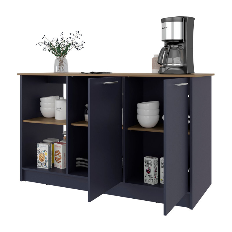 Îlot de cuisine avec armoire de rangement et tablettes ouvertes Kronos