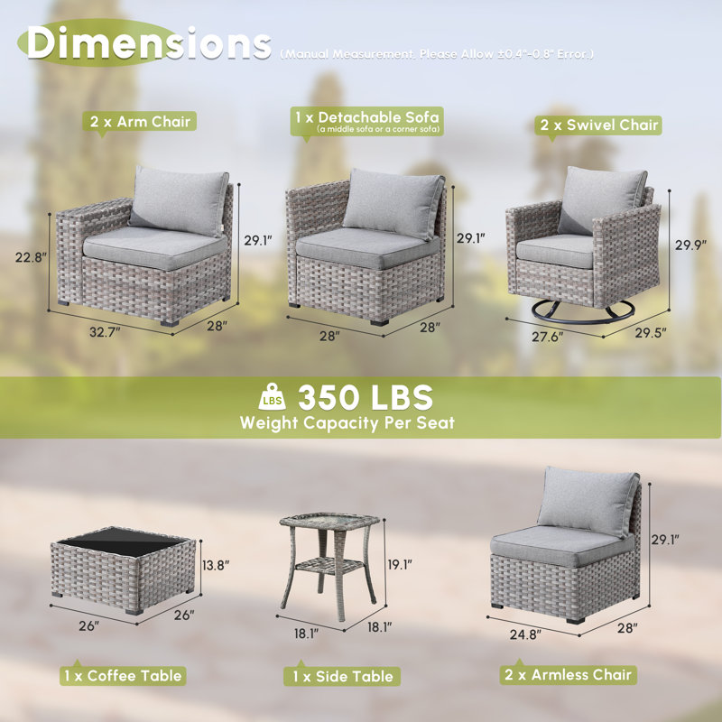 7 - Person Patio Furniture Set with Swivel Rocker, Outdoor Wicker Rattan Sectional Seating Group with Cushions, All Weather Sofa Conversation Set with Table for Garden Backyard