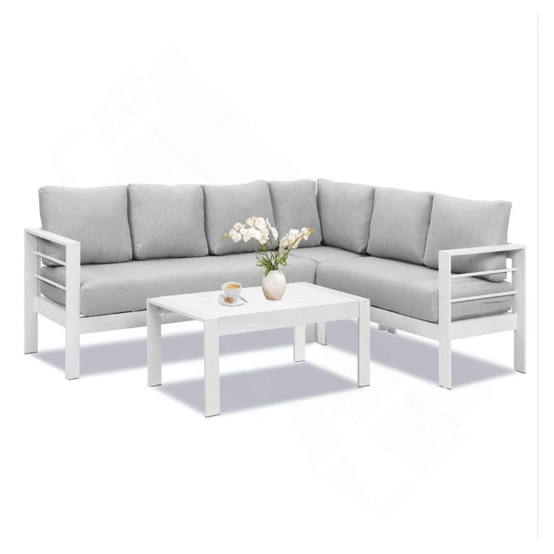 Ensemble de conversation modulaire en aluminium 4 pièces pour patio, canapé 7 places avec coussins gris clair épais et structure blanche et table basse