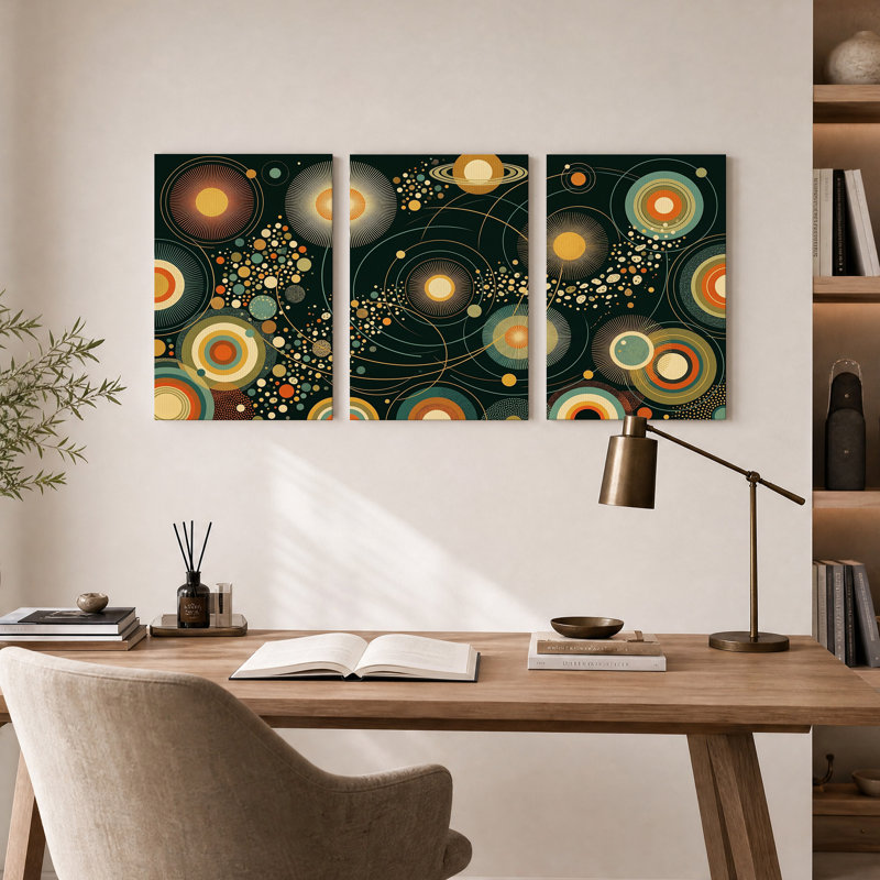 Ensemble de 3 toiles murales rétro représentant des cercles cosmiques et des planètes sur fond sombre