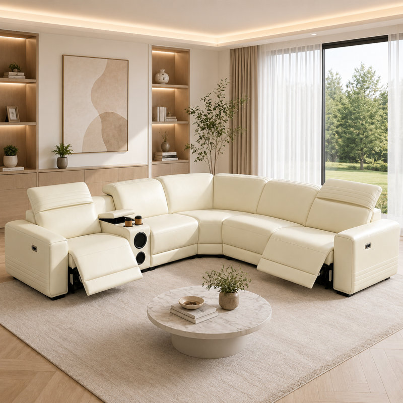 Canapé modulaire inclinable électrique en cuir 6 pièces de luxe avec appuis-tête réglables, console de rangement, haut-parleurs Bluetooth et éclairage DEL