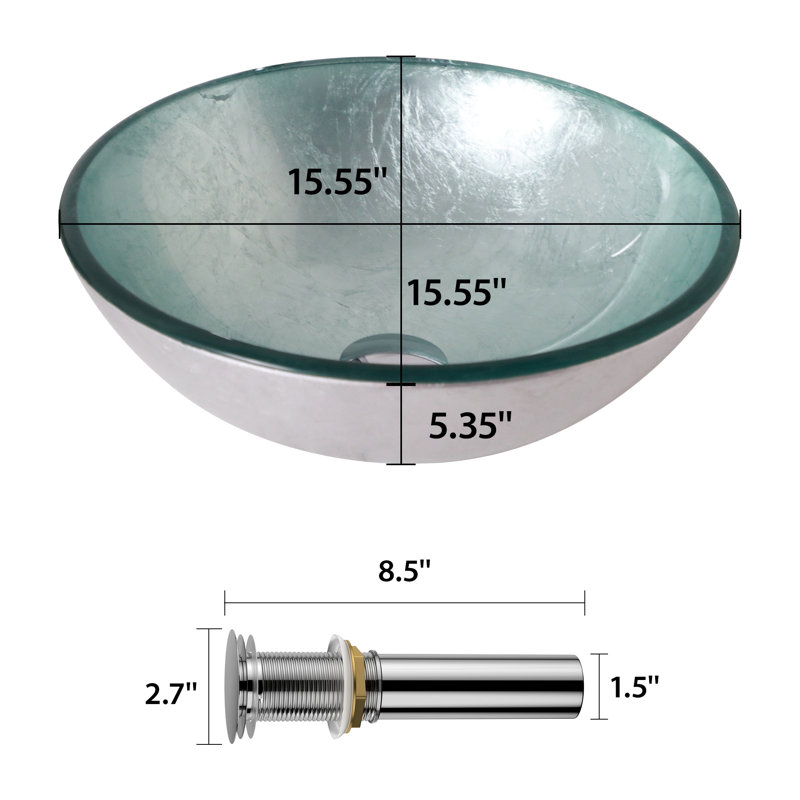 15" L x 15" W Glass Bathroom Vessel Sink Round Tempered Glass Art Basin Above Counter Bathroom Sink, Silver
