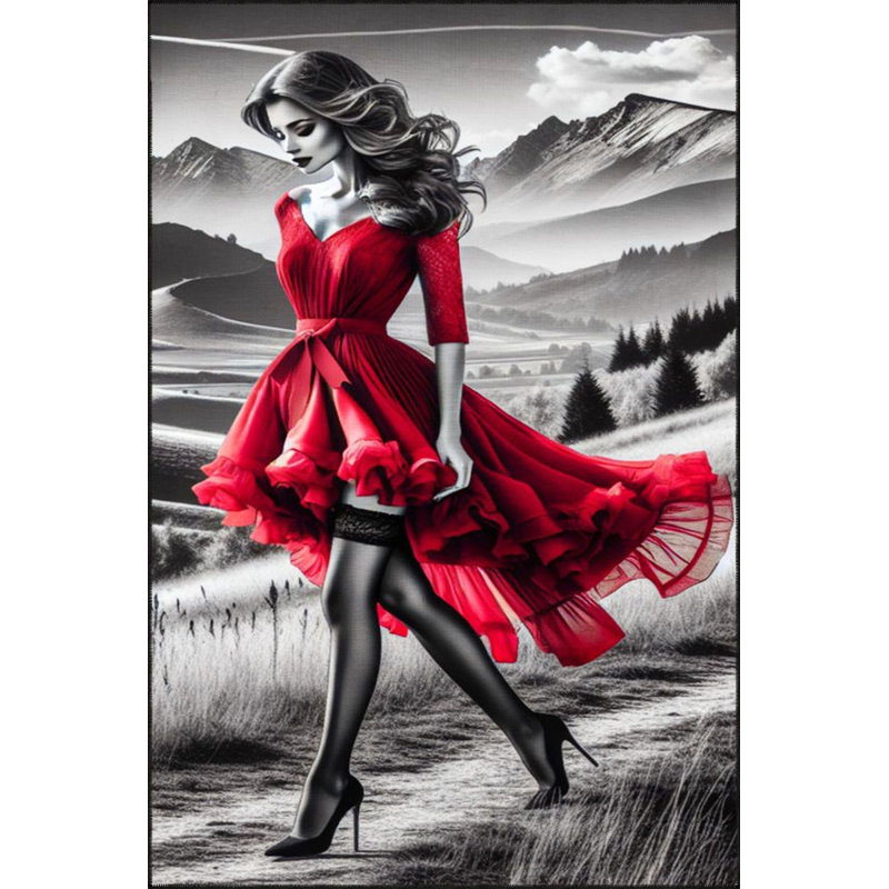 Tapis marche femme en robe rouge, Sous-tapis rectangulaire 2 pi 6 po x 4 pi 11 po