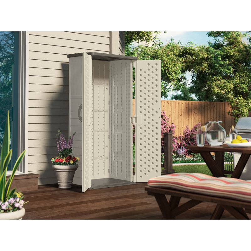 Suncast Outdoor 32.25 in. W x 24.75 in. D x 72 in. H Resin Vertical Tool Shed, Vanilla