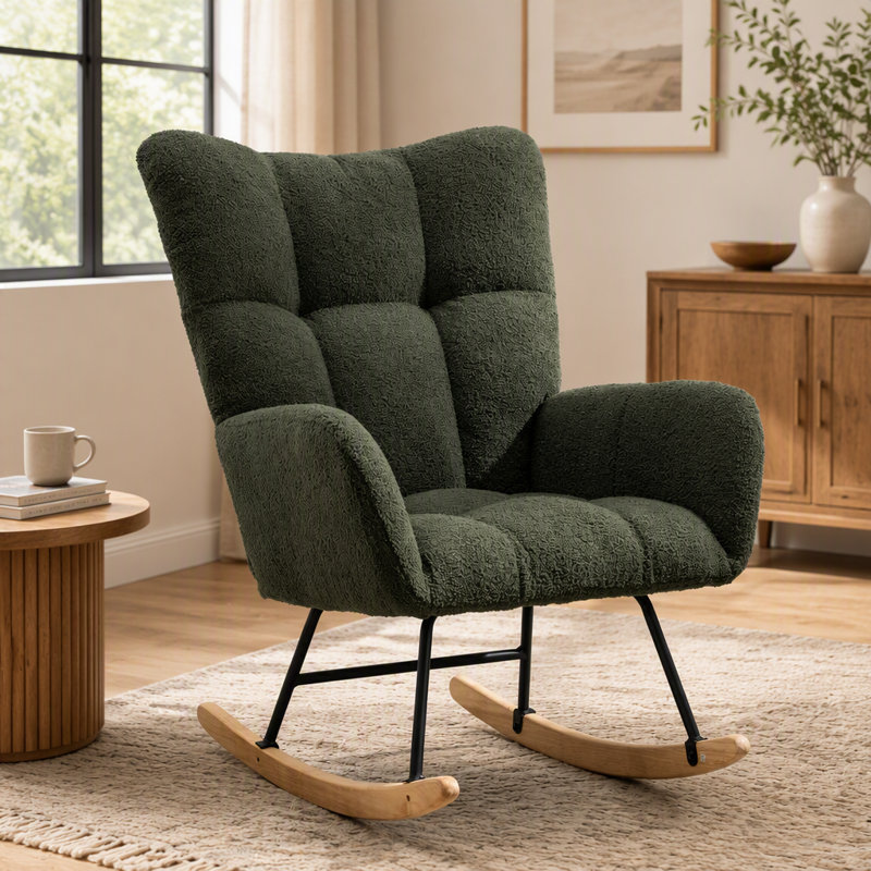 Fauteuil à bascule d'allaitement en tissu doux et confortable effet peluche, avec dossier à oreilles, poche de rangement latérale et base en bois massif, vert foncé.