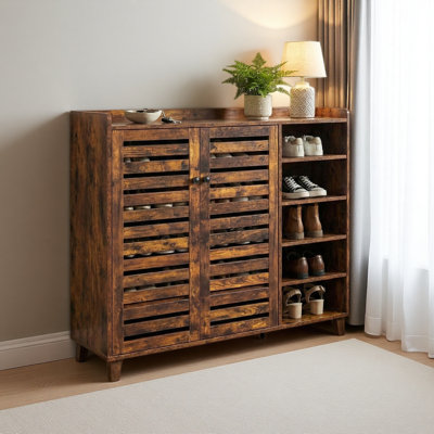Shoe Cabinet With 2 Doors, 5 Open Compartments, And A Tabletop With A Back Panel; Made Of MDF