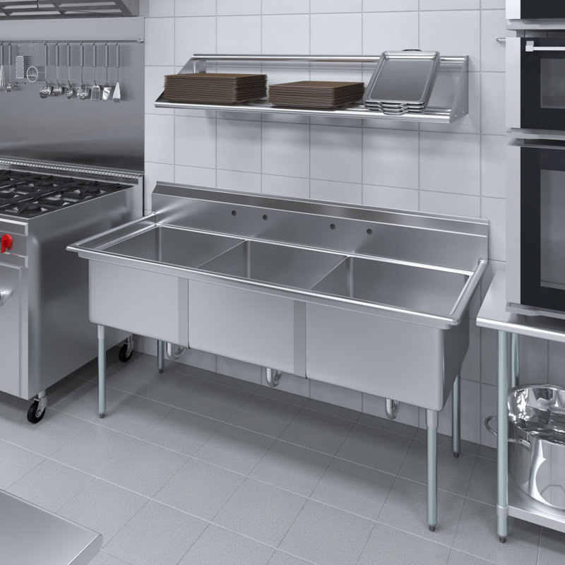 Évier à trois compartiments en acier inoxydable 78 po x 30 po avec bols 24 po x 24 po x 14 po