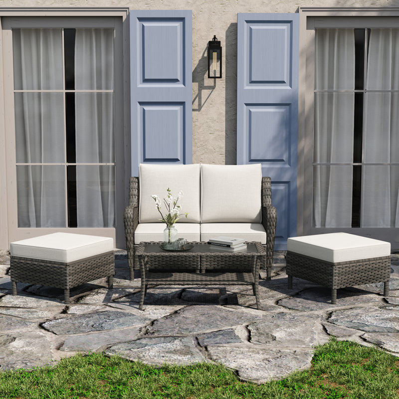 2 - Person Outdoor Seating Group With Cushions And Ottomans, White, Gray