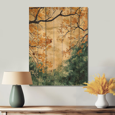 Feuilles de forêt brune, tranquillité V - décoration murale en bois de feuilles - sur bois de pin naturel