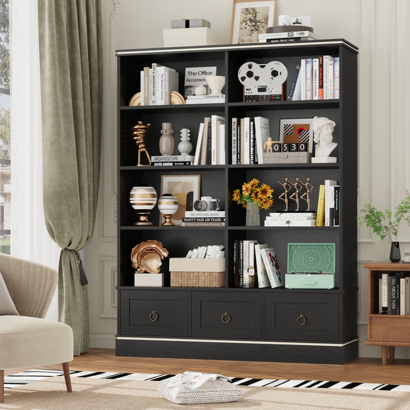 Akxel 47.2" W 3-Drawer Wood Grain Bookshelf, Black