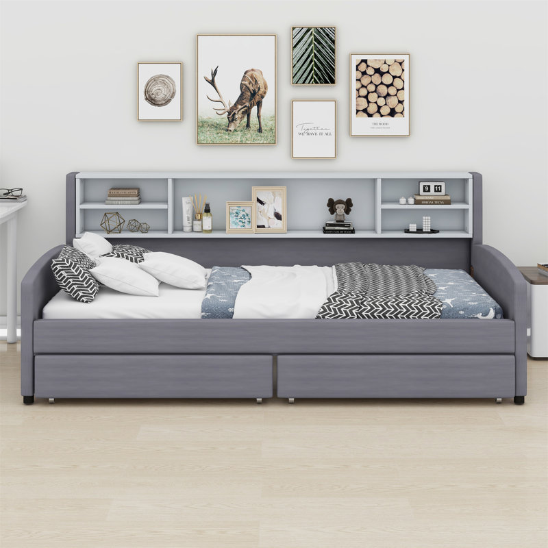 Upholstered Platform Bed With Storage And Drawers, Gray
