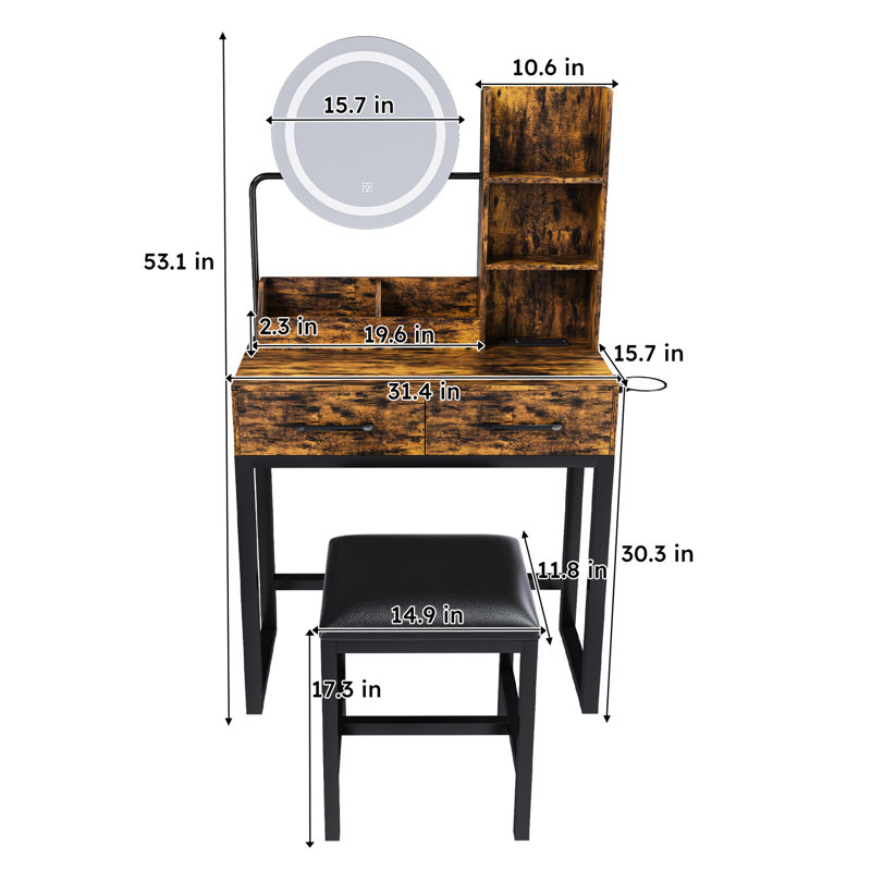Makeup Vanity With Adjustable And 2 Drawers, Storage Shelves, Power Outlet, , Brown, High - Quality Build American Design Table Led Lights, Open Storage, Hair Dryer Stand, Easy To Up