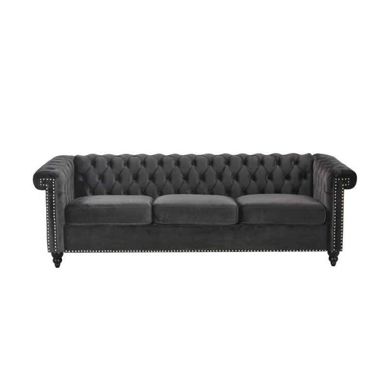 3 en velours noir avec capitonnage à boutons traditionnels profonds et matériaux classiques à 3 places au look épuré