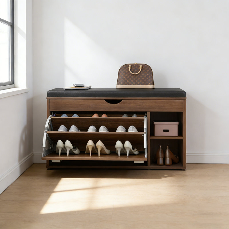 Wooden Entryway Shoe Cabinet With Cushioned Bench & Flip-Up Shoe Rack, 21" H x 31.5" W x 13.9" D